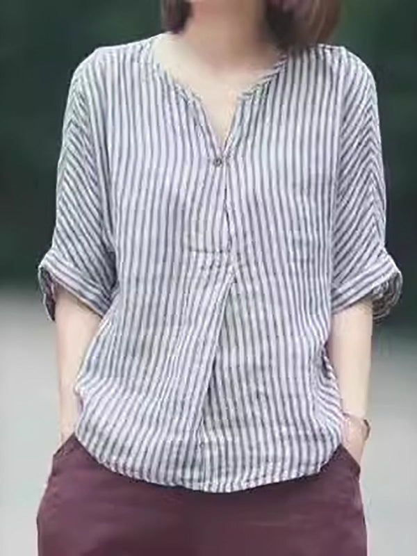 Hallie® | Women Casual Stripe Summer Linen V-Neck Shirt