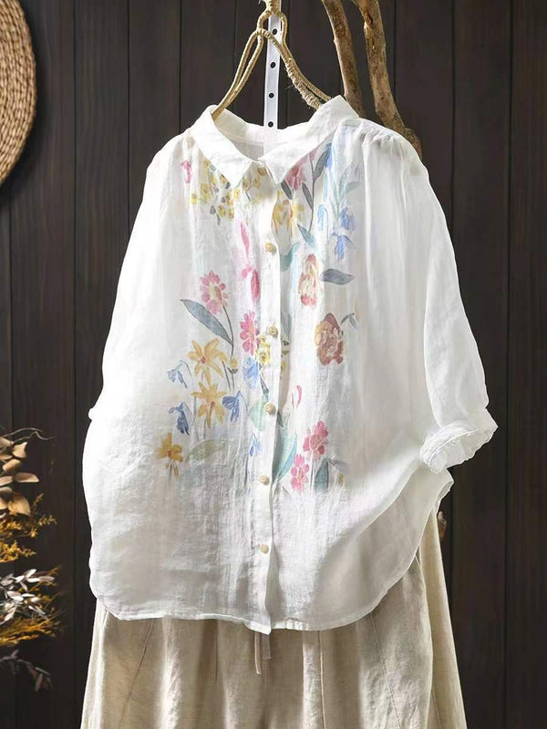 Kana® | Women Artsy Summer Flower Print Ramie Blouse