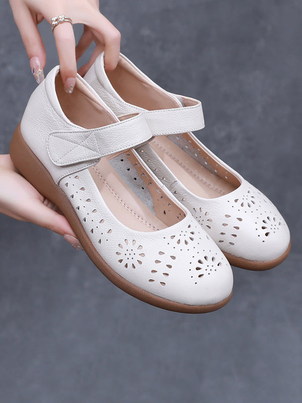 Adeline® |  Women Summer Artsy Solid Leather Cutout Flat Shoes