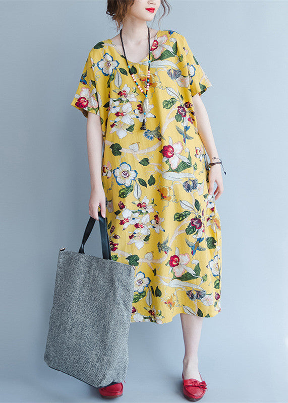 Veronica® | Yellow Midi linen dresses trendy plus size traveling clothing vintage back open floral cotton dresses