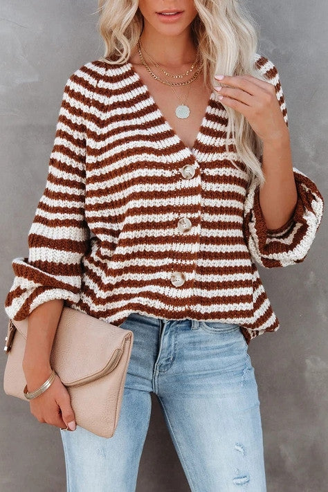 Striped Knit Single-Breasted V-Neck Cardigan