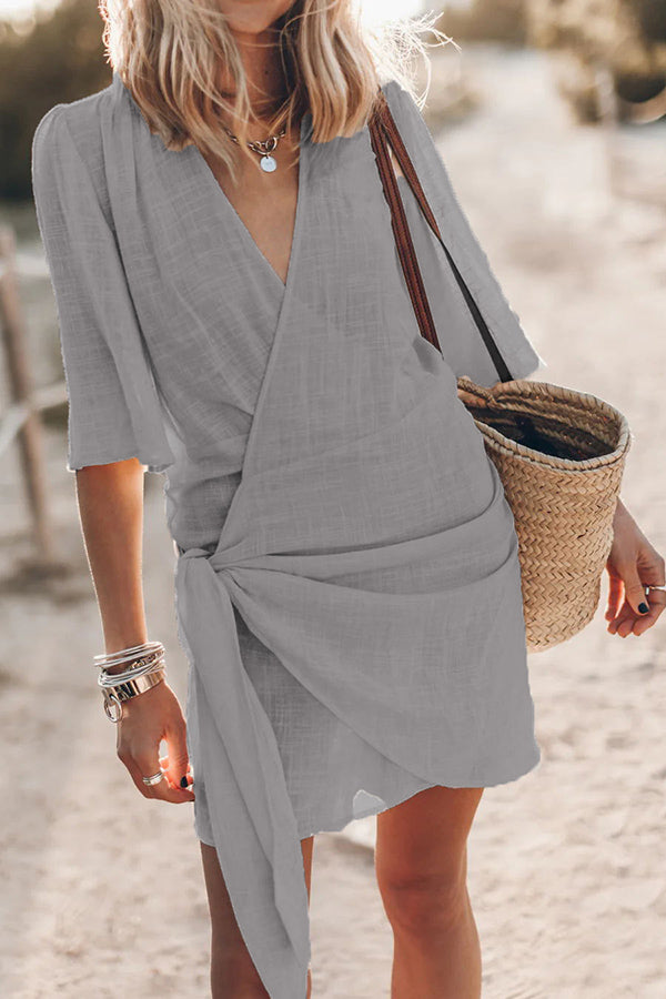 Fannie® | Cotton Linen Blend Knotted Wrap Mini Dress