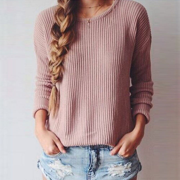 Long-Sleeved Round Collar Pure Color Loose Sweater