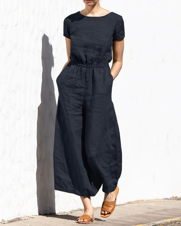 Solid Color Short Sleeve Round Neck Cotton Linen Wide Leg Jumpsuit