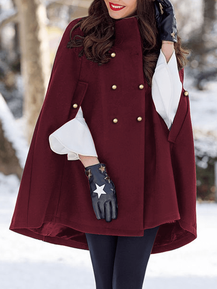 Women Solid Color Pleats Double Breasted Cloak Decorative Button Turn-Down-Collar Casual Coats - MRSLM