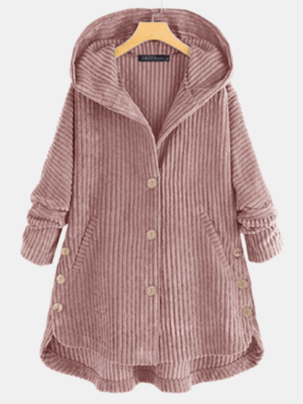 Women Corduroy Solid Color Side Button Coats Long Sleeve Hooded Jacket with Pocket - MRSLM