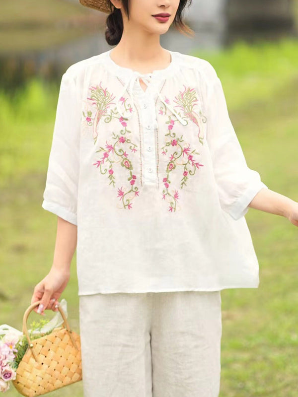 Adaline® | Women Summer Artsy Floral Embroidery Ramie Shirt