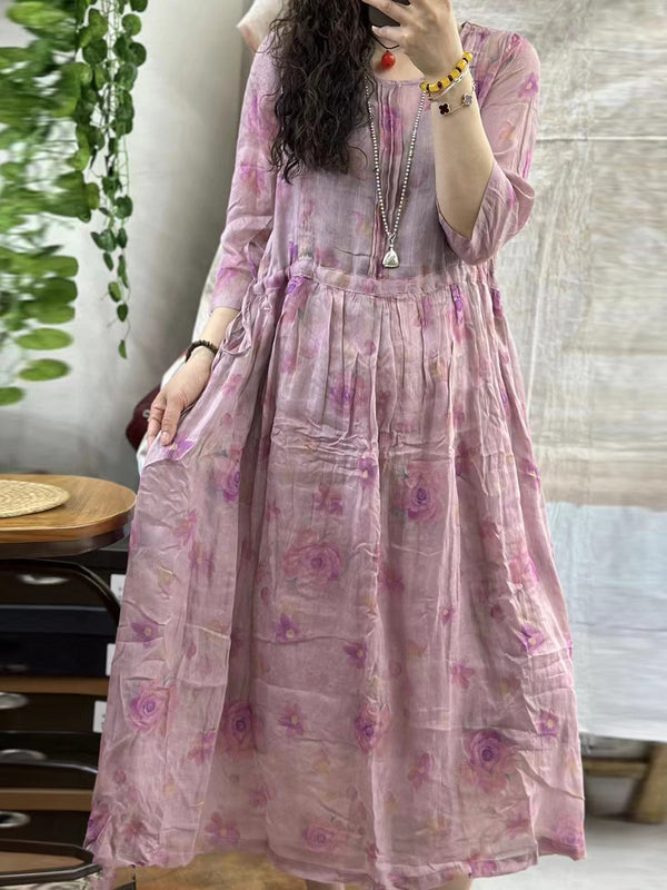 Norah® | Women Vintage Flower Shirred Ramie Summer Loose Dress