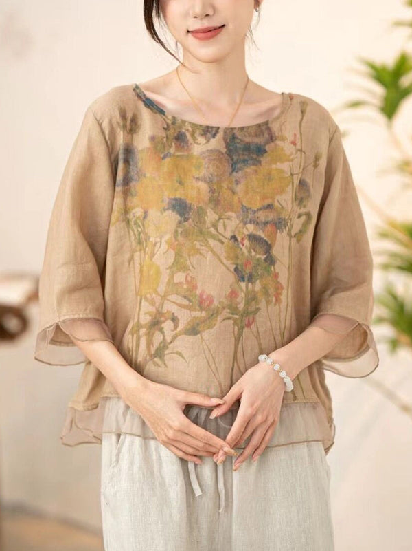 Hana® | Women Summer Vintage Flower Spliced O-Neck Shirt