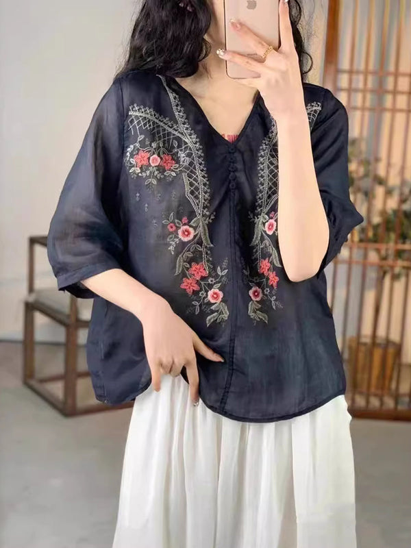 Brianna® | Women Vintage Floral Embroidery Ramie V-Neck Shirt