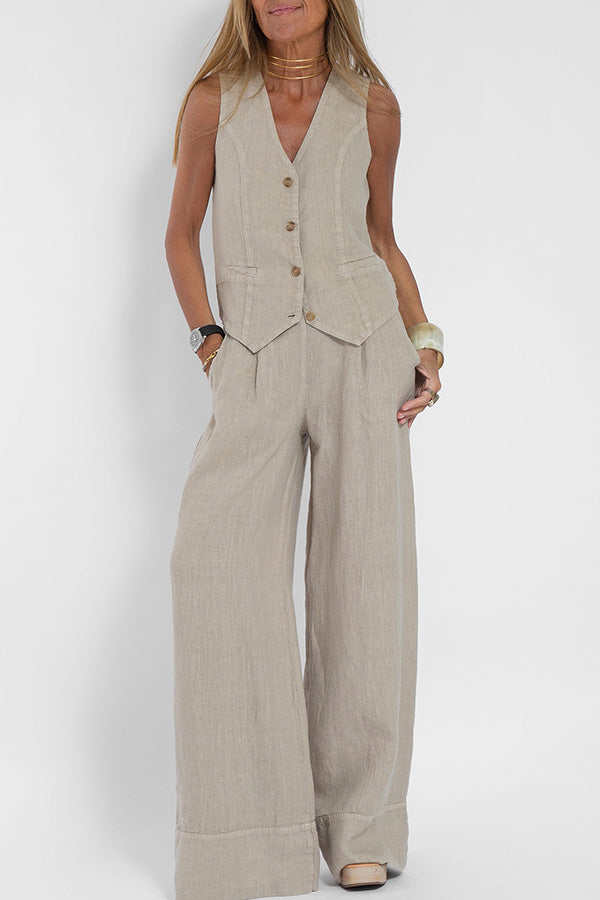 Amy® | Linen Blend Button Vest and Elastic Waist Pocketed Wide Leg Pants Set