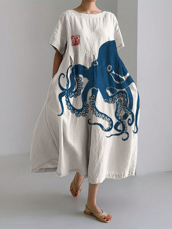 Gabriella® | Long dress in linen blend with Japanese pattern in Octopus linen