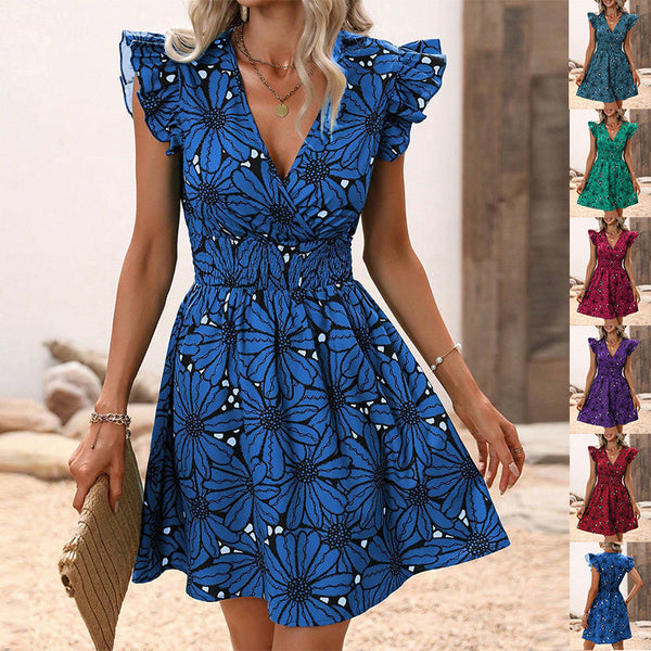 Larissa® | Floral Ruffled Short Sleeve Midi Dress with Cinched Waist