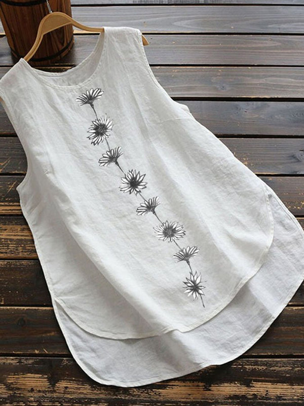 Bella® | Daisy Print Sleeveless Crewneck Cotton Linen Top