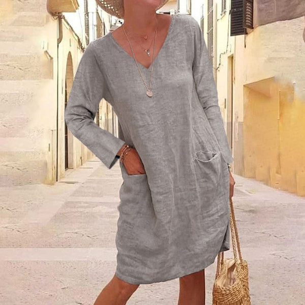 Rylee® | Pure Color Casual Cotton And Linen V-neck Dress