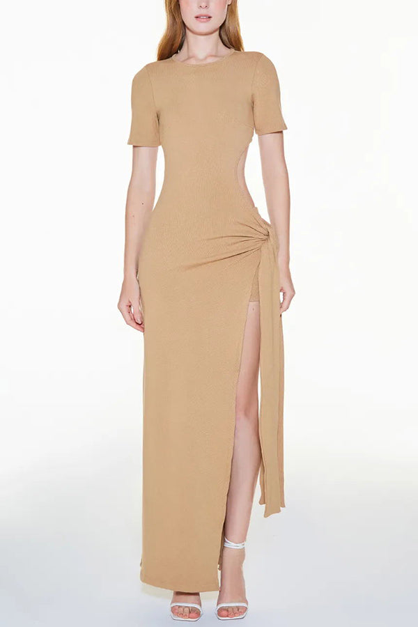 Lizzie® | Holiday Party Ribbed Knit Cutout Waist Straps Slit Maxi Dress