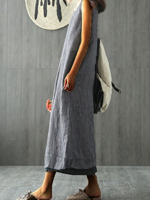 Ashley® | Solid Color Round Neck Loose Sleeveless Cotton Linen Dress