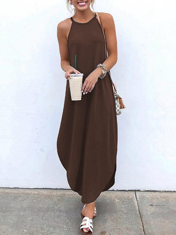 Women Sleeveless Straps High Low Hem Solid Causal Maxi Dress - MRSLM