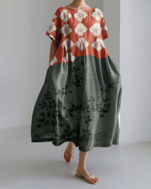 Loose printed long dress with round neck and wide hem