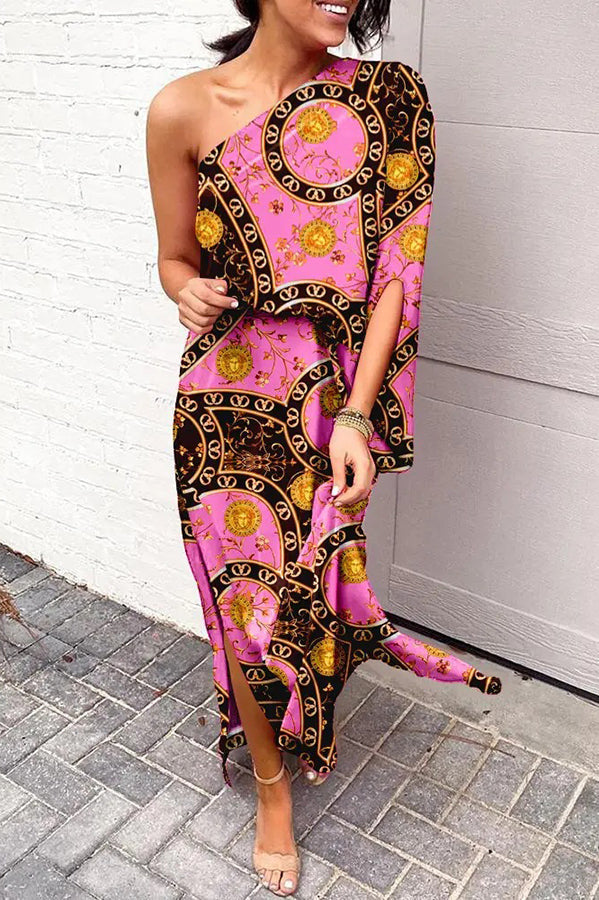 Rosie® |  Printed One Shoulder Split Hem Maxi Dress