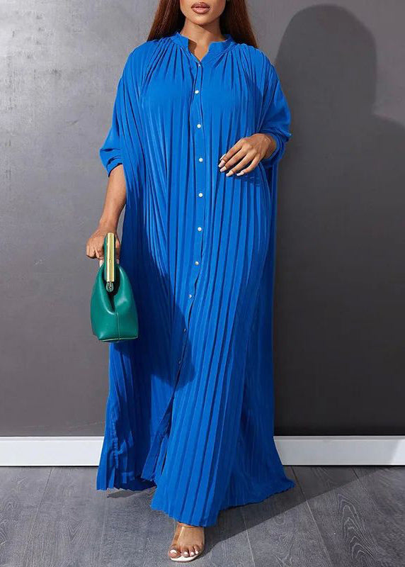 Cara® | Blue O-Neck Button Vacation Maxi Dresses Long Sleeve