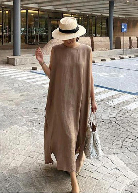 Zela® | Bohemian O Neck Side Open Linen Cotton Clothes Fabrics Khaki Dress