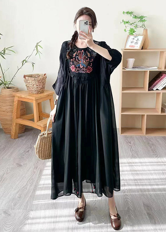 Tana® | Boho Loose Black O Neck Embroidered Patchwork Silk Dress Summer