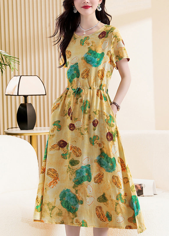 Pia® | Cute Yellow Print Tie Waist Maxi Dresses Short Sleeve