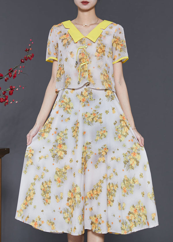 Vivian® | Diy Yellow Tasseled Print Draping Chiffon Long Dress