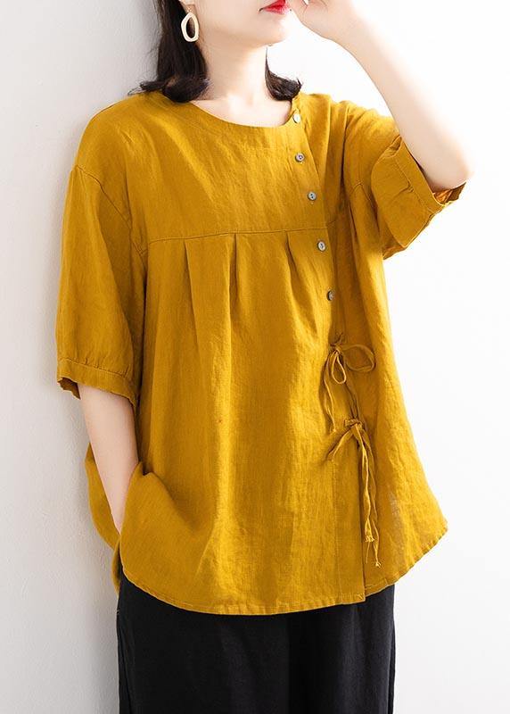 Elegant Yellow Button O-Neck Cotton Linen Summer Top - Omychic