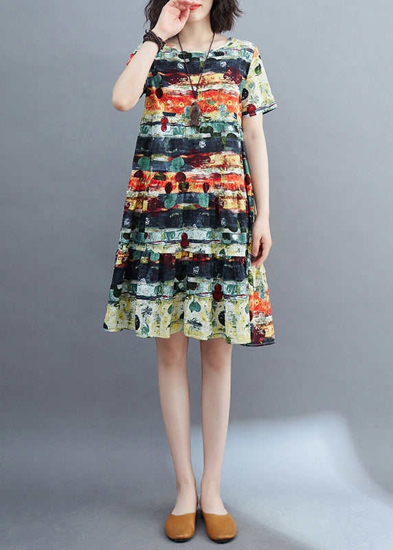 Loisa® | Fine Green O-Neck Print Ruffled Patchwork Mid Dress Summer