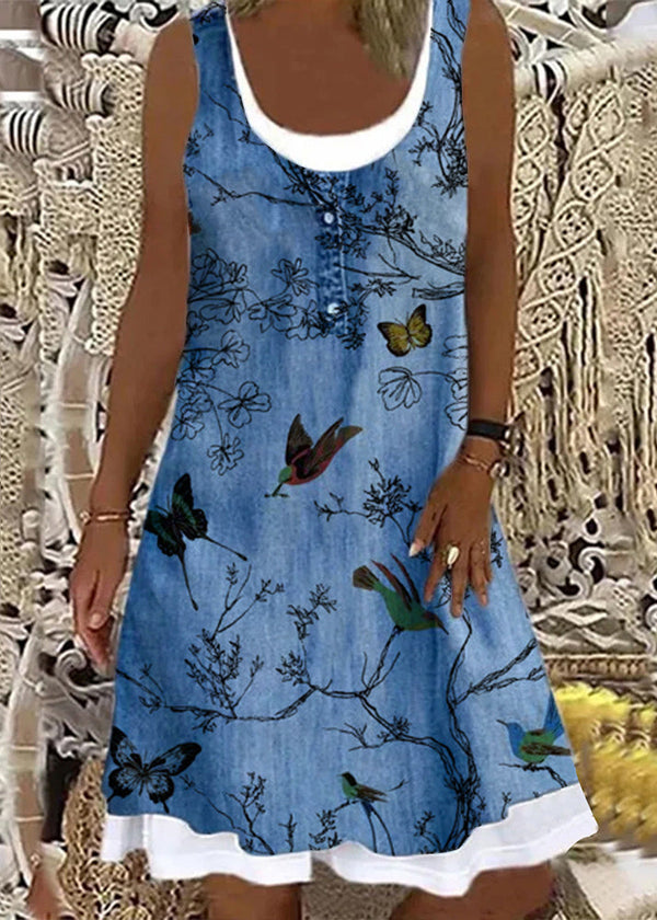 Ira® | Italian Bird Print False Two Pieces Denim Mid Dress Sleeveless