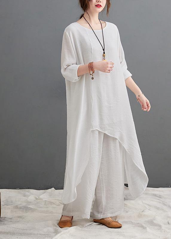 Large Size Loose Art Long White Top Casual Wide Leg Pants Two Piece Suit For Women - SooLinen