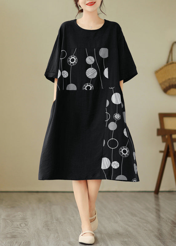 Lauren® | Loose Black O-Neck Print Holiday Long Dress Short Sleeve