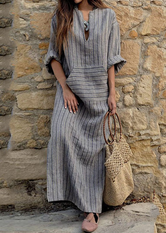 Lorena® | Natural Grey O-Neck Striped Patchwork Long Dresses Spring