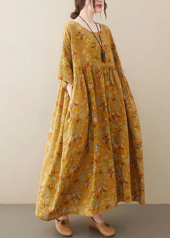 Natural Yellow O-Neck Pockets Print Summer Sundress - SooLinen