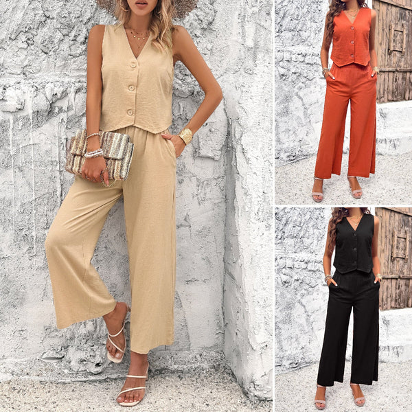 Claire® | V-Neck Sleeveless Top and Pants Suit