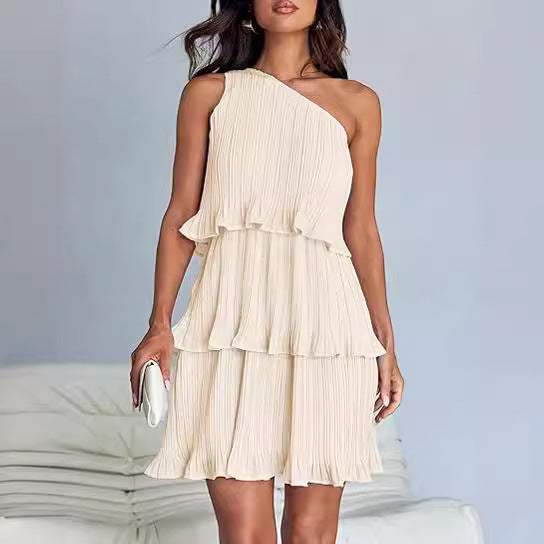 Women's Layered One Shoulder Sleeveless Ruffled Mini Dress