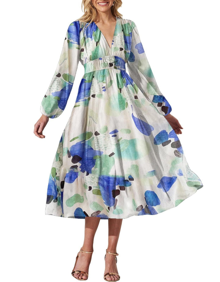 Women’s Printed V-Neck Long Sleeve Summer Maxi Dress