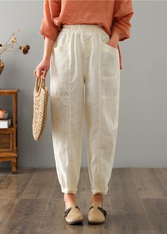 Organic Beige High Waist Harem Cotton Linen Pants Summer - Omychic