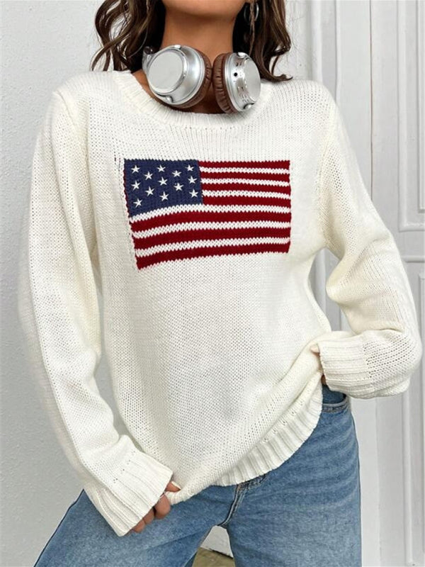 Patriotic Sweater- Patriotic Sweater with American Flag Print- - Pekosa Women Clothing