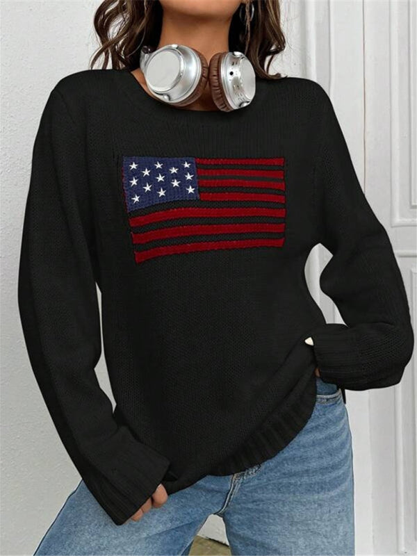 Patriotic Sweater- Patriotic Sweater with American Flag Print- - Pekosa Women Clothing