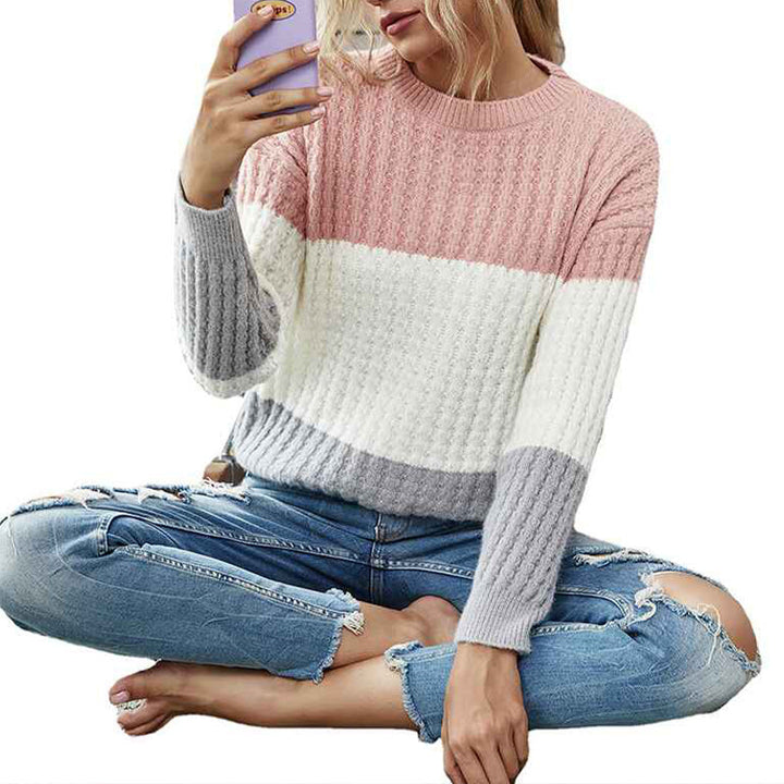 Light-Blue-Womens-Crew-Neck-Long-Sleeve-Color-Block-Knit-Sweater-Casual-Pullover-Jumper-K331