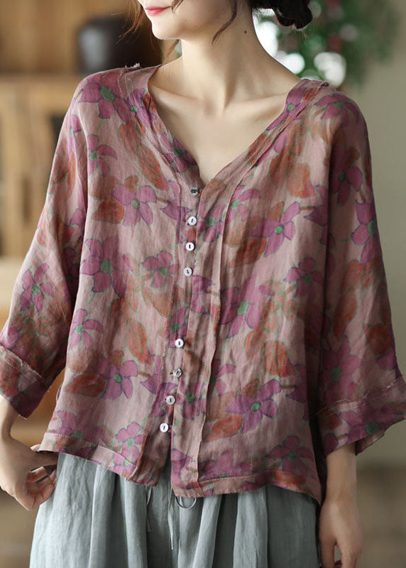 Faith® | Purple Print Summer V Neck Button Linen Shirt Tops