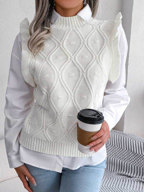 Sweater Vests- Diamond Knit High Neck Sweater Vest- - Pekosa Women Clothing