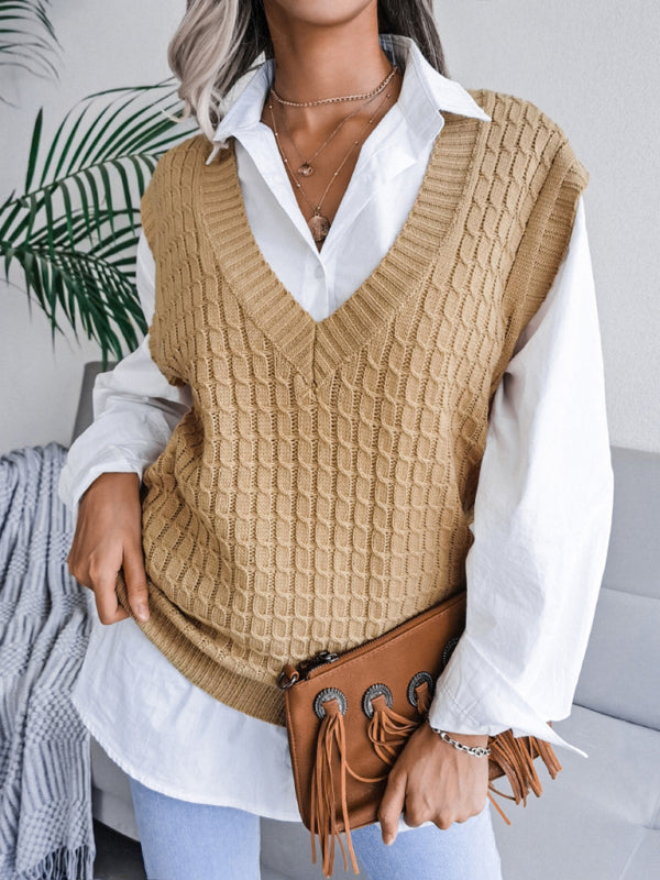 Sweater Vests- Knitwear Vest - V Neck Twist Knitted Sweater- - Pekosa Women Clothing