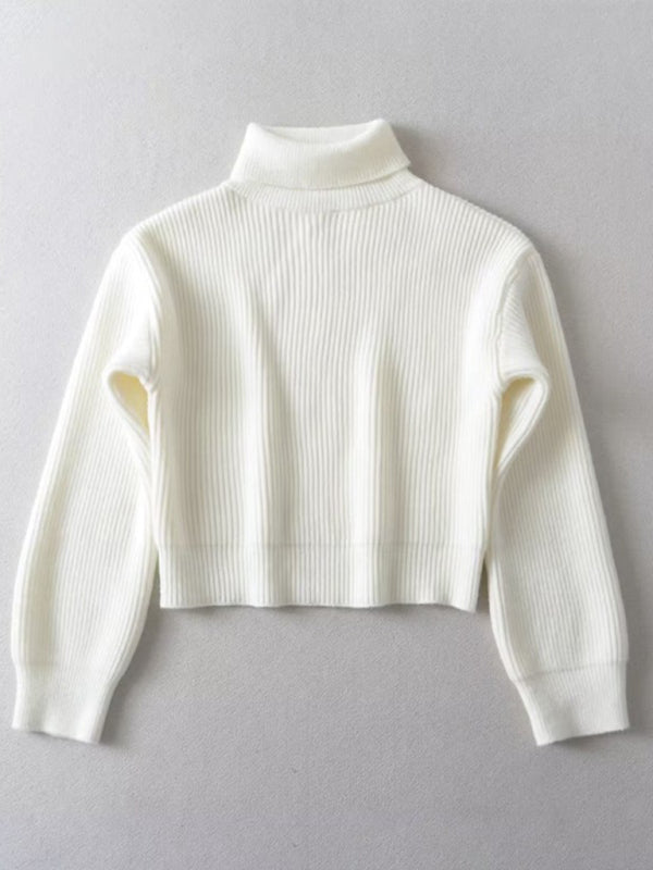 Sweaters- Cozy Knit High Neck Crop Sweater | Turtleneck Jumper- - Pekosa Women Clothing