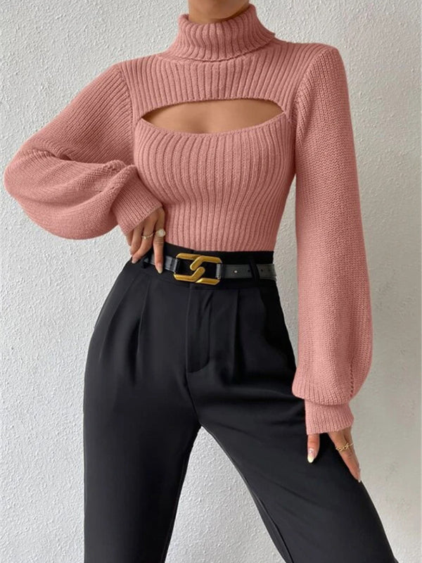 Sweaters- Elegant Rib-Knit Turtleneck Sweater with Cutout Front- - Pekosa Women Clothing