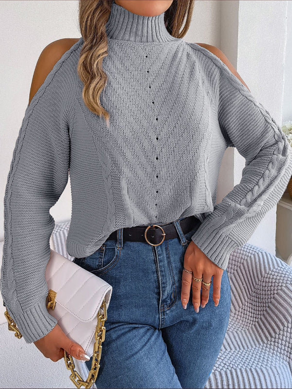 Sweaters- Wool Cold Shoulder Sweater - High Neck, Cable Knit Pullover- - Pekosa Women Clothing