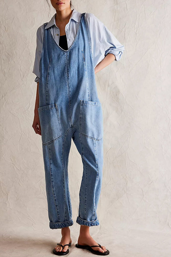 Sofia®| V-neck sleeveless denim jumpsuits with pockets